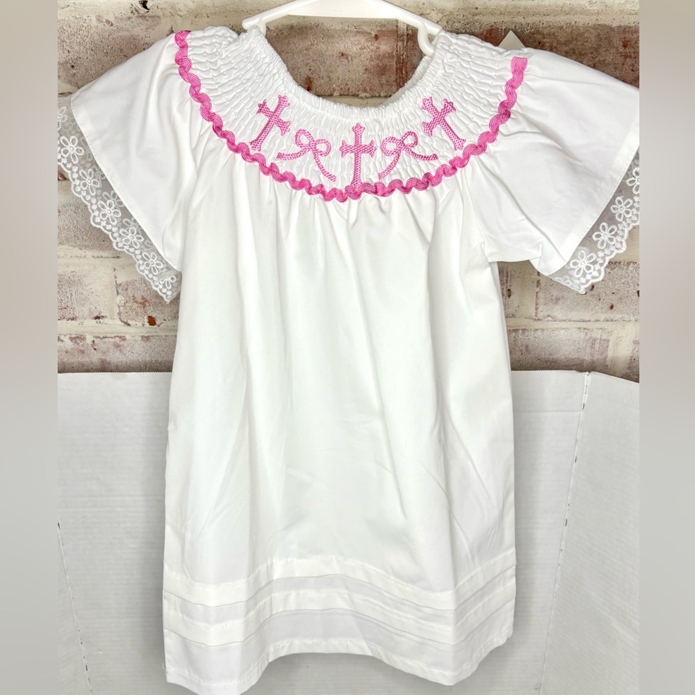 Smocked Bishop Dress Toddler size 2–3Y White Pink Embroidered Cross Church